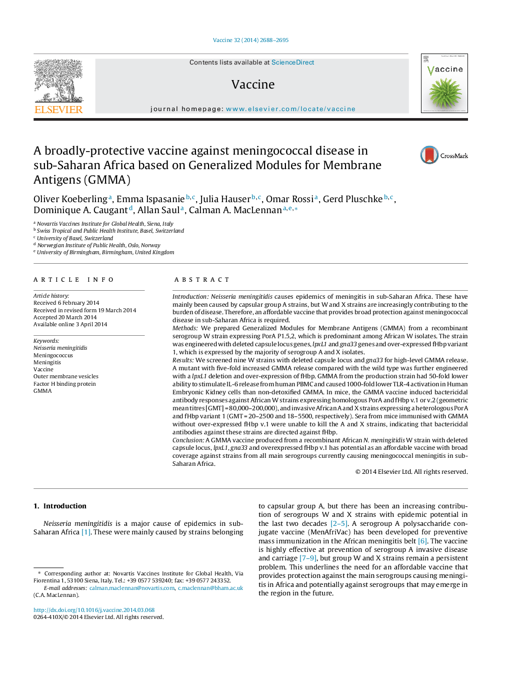 A broadly-protective vaccine against meningococcal disease in sub-Saharan Africa based on Generalized Modules for Membrane Antigens (GMMA)