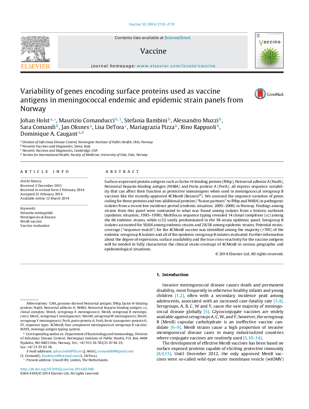 Variability of genes encoding surface proteins used as vaccine antigens in meningococcal endemic and epidemic strain panels from Norway