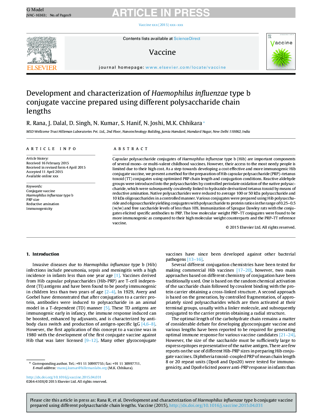 Development and characterization of Haemophilus influenzae type b conjugate vaccine prepared using different polysaccharide chain lengths