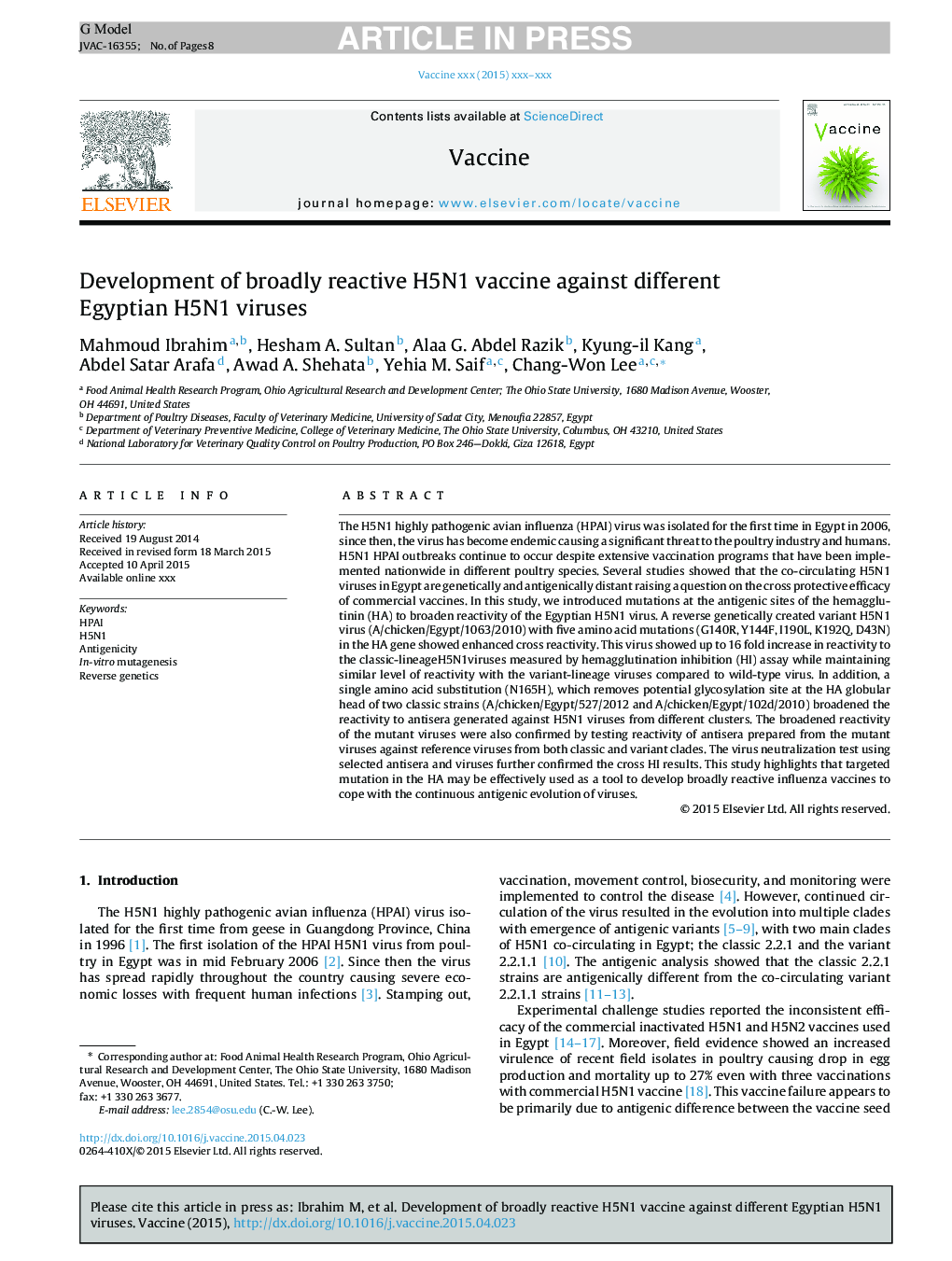 Development of broadly reactive H5N1 vaccine against different Egyptian H5N1 viruses