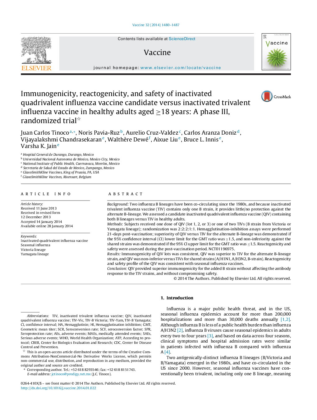 Immunogenicity, reactogenicity, and safety of inactivated quadrivalent influenza vaccine candidate versus inactivated trivalent influenza vaccine in healthy adults aged â¥18 years: A phase III, randomized trial