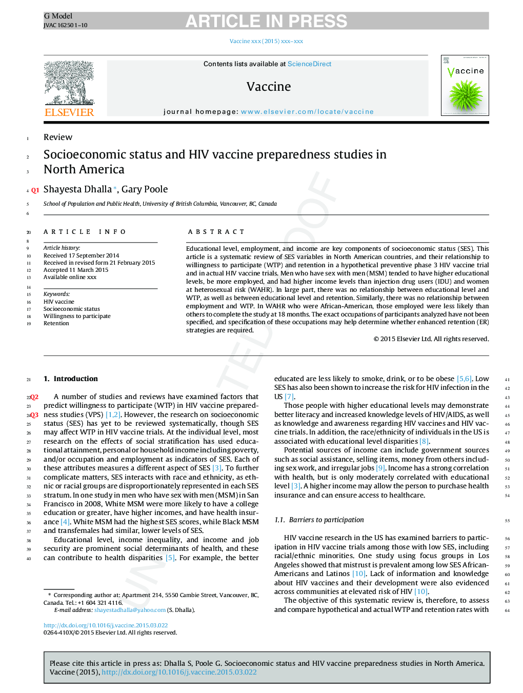 Socioeconomic status and HIV vaccine preparedness studies in North America