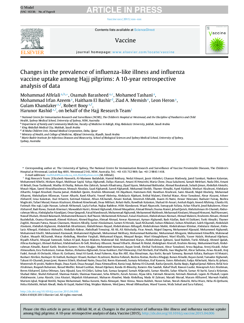 Changes in the prevalence of influenza-like illness and influenza vaccine uptake among Hajj pilgrims: A 10-year retrospective analysis of data