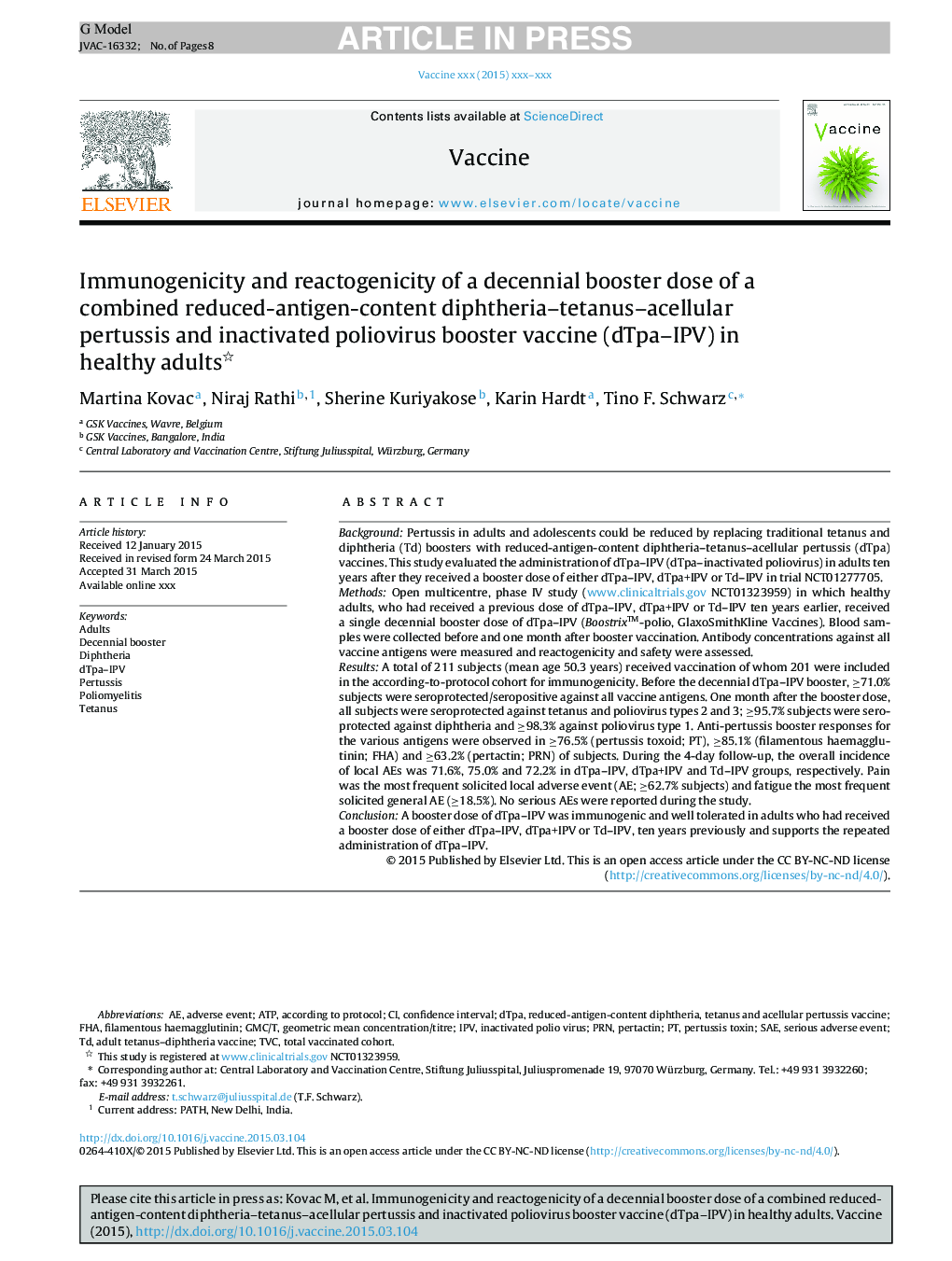 Immunogenicity and reactogenicity of a decennial booster dose of a combined reduced-antigen-content diphtheria-tetanus-acellular pertussis and inactivated poliovirus booster vaccine (dTpa-IPV) in healthy adults