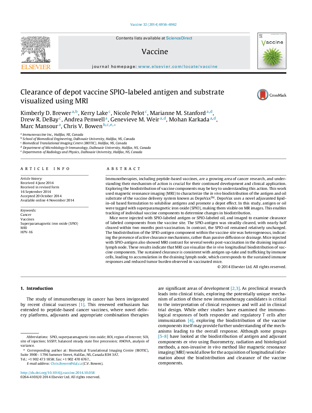 Clearance of depot vaccine SPIO-labeled antigen and substrate visualized using MRI