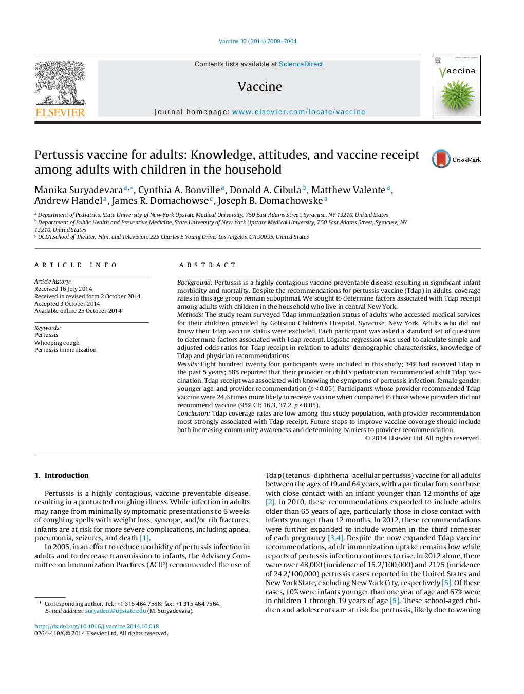 Pertussis vaccine for adults: Knowledge, attitudes, and vaccine receipt among adults with children in the household