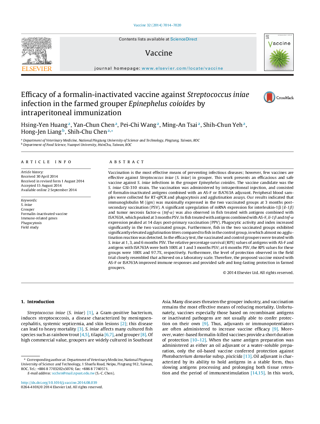 Efficacy of a formalin-inactivated vaccine against Streptococcus iniae infection in the farmed grouper Epinephelus coioides by intraperitoneal immunization