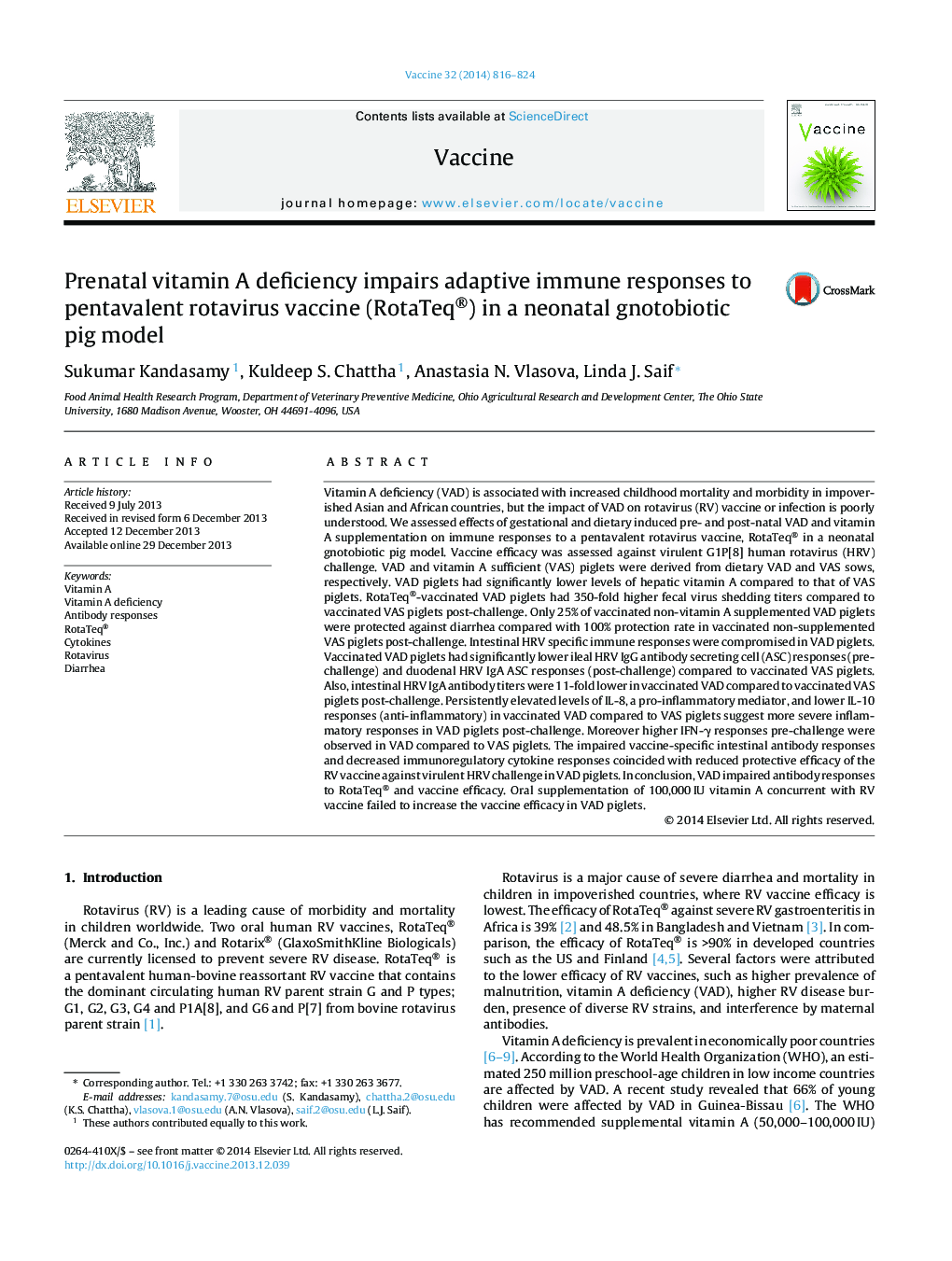 Prenatal vitamin A deficiency impairs adaptive immune responses to pentavalent rotavirus vaccine (RotaTeq®) in a neonatal gnotobiotic pig model