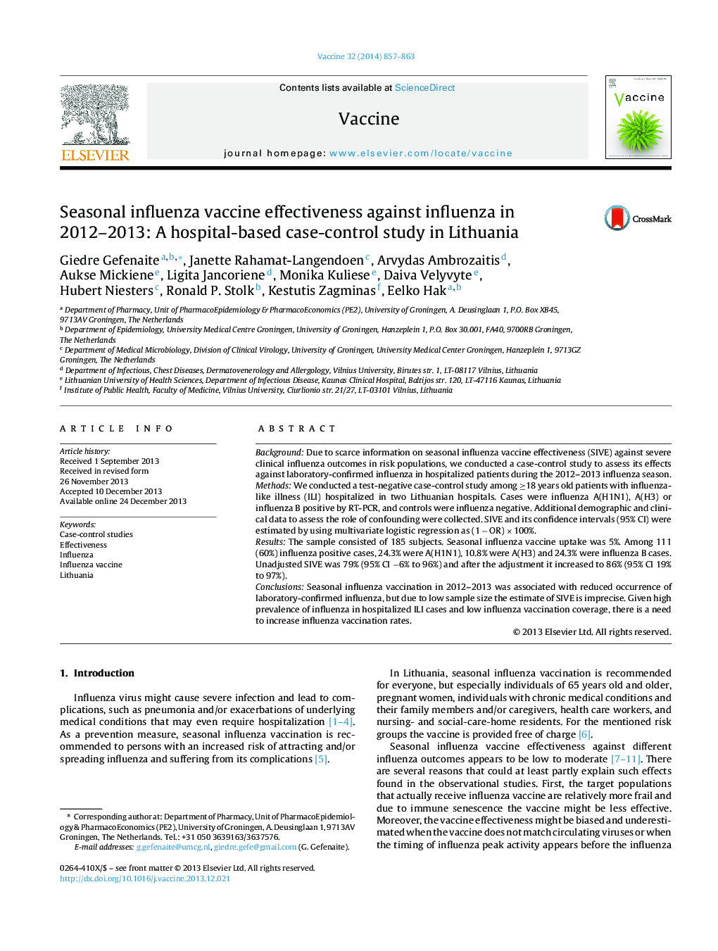 Seasonal influenza vaccine effectiveness against influenza in 2012-2013: A hospital-based case-control study in Lithuania