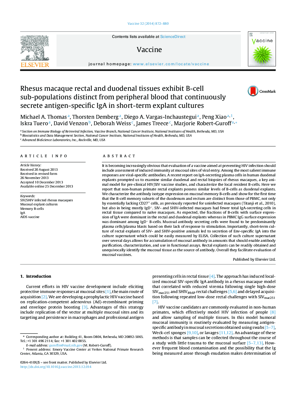 Rhesus macaque rectal and duodenal tissues exhibit B-cell sub-populations distinct from peripheral blood that continuously secrete antigen-specific IgA in short-term explant cultures