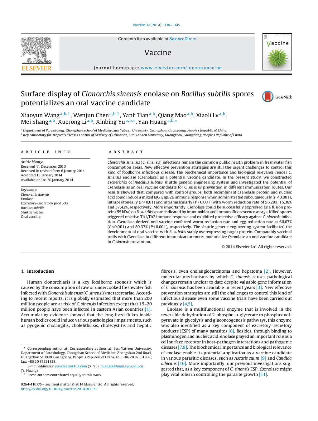 Surface display of Clonorchis sinensis enolase on Bacillus subtilis spores potentializes an oral vaccine candidate