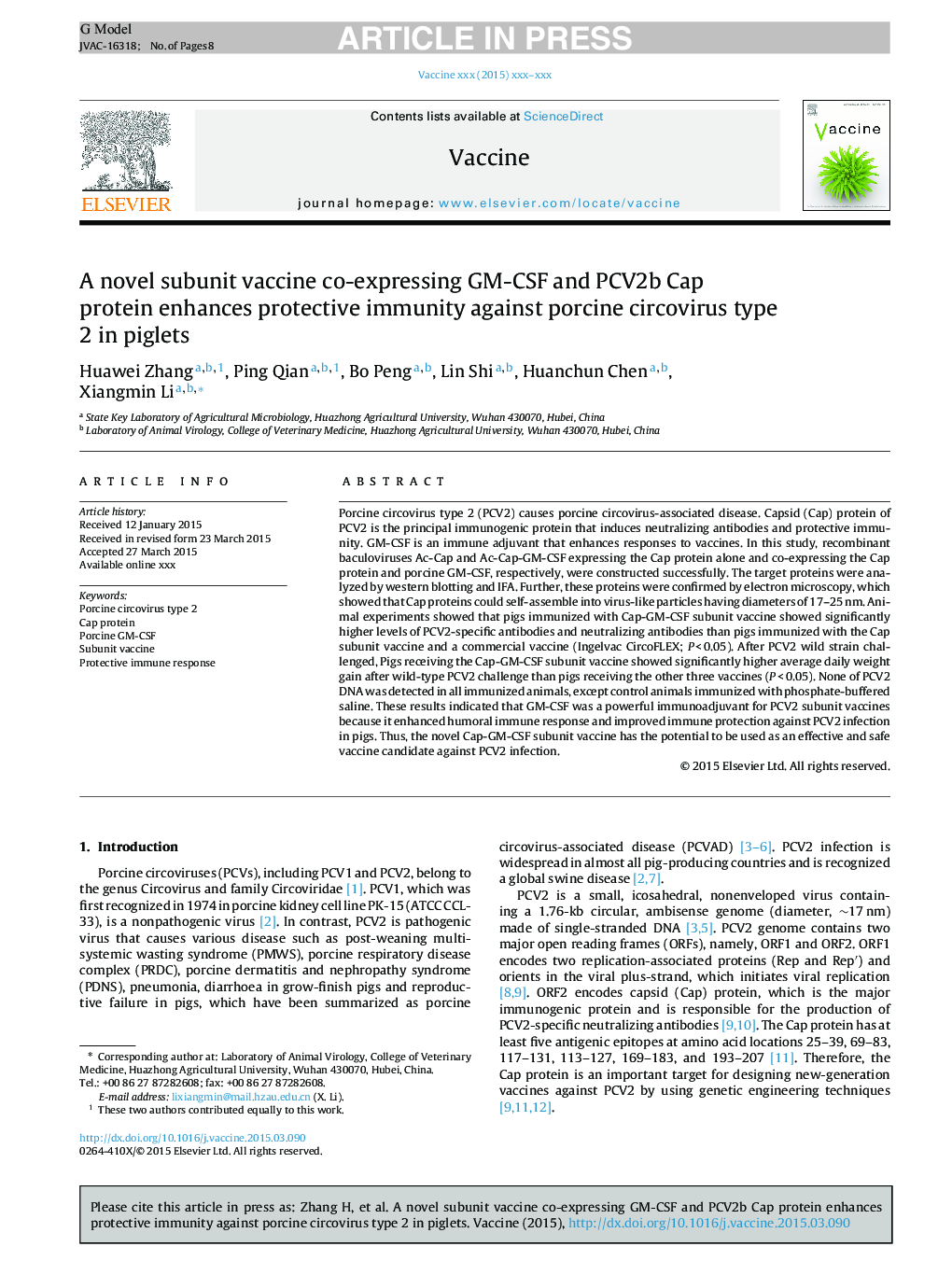 A novel subunit vaccine co-expressing GM-CSF and PCV2b Cap protein enhances protective immunity against porcine circovirus type 2 in piglets