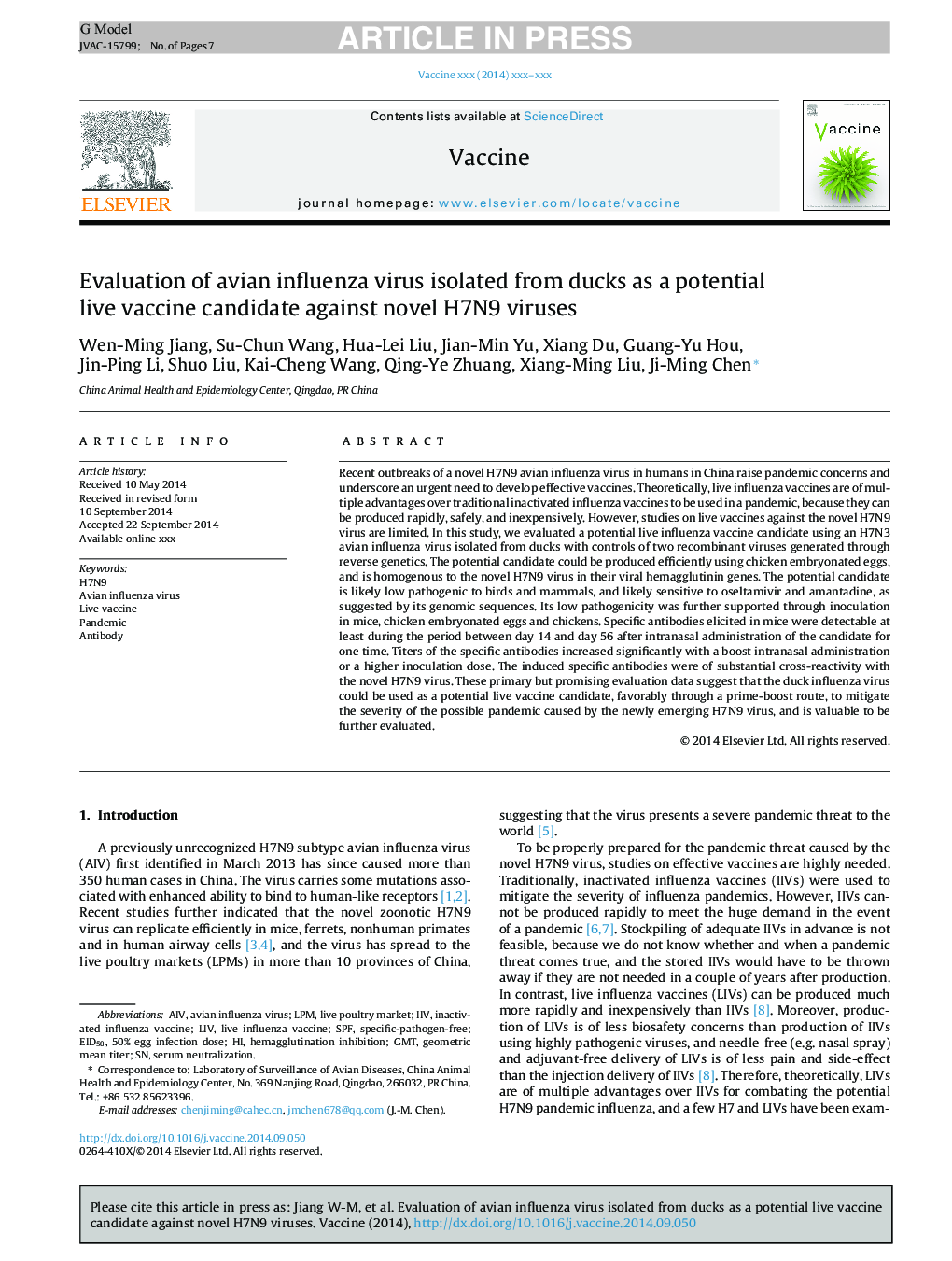 Evaluation of avian influenza virus isolated from ducks as a potential live vaccine candidate against novel H7N9 viruses