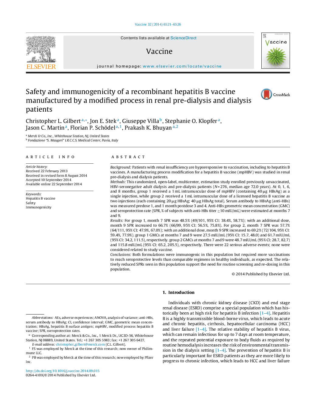 Safety and immunogenicity of a recombinant hepatitis B vaccine manufactured by a modified process in renal pre-dialysis and dialysis patients