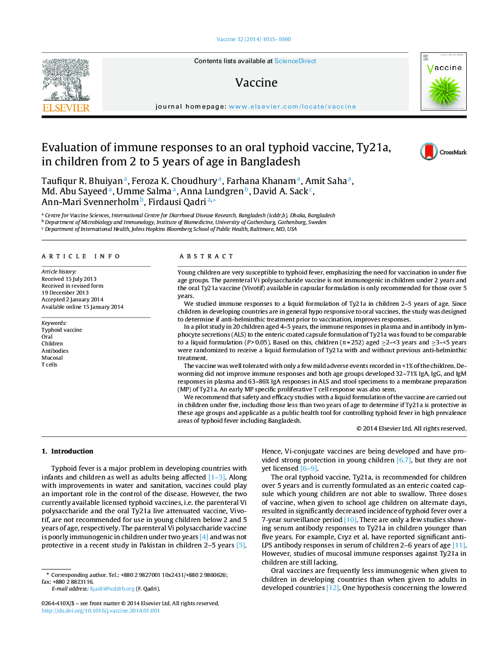 Evaluation of immune responses to an oral typhoid vaccine, Ty21a, in children from 2 to 5 years of age in Bangladesh