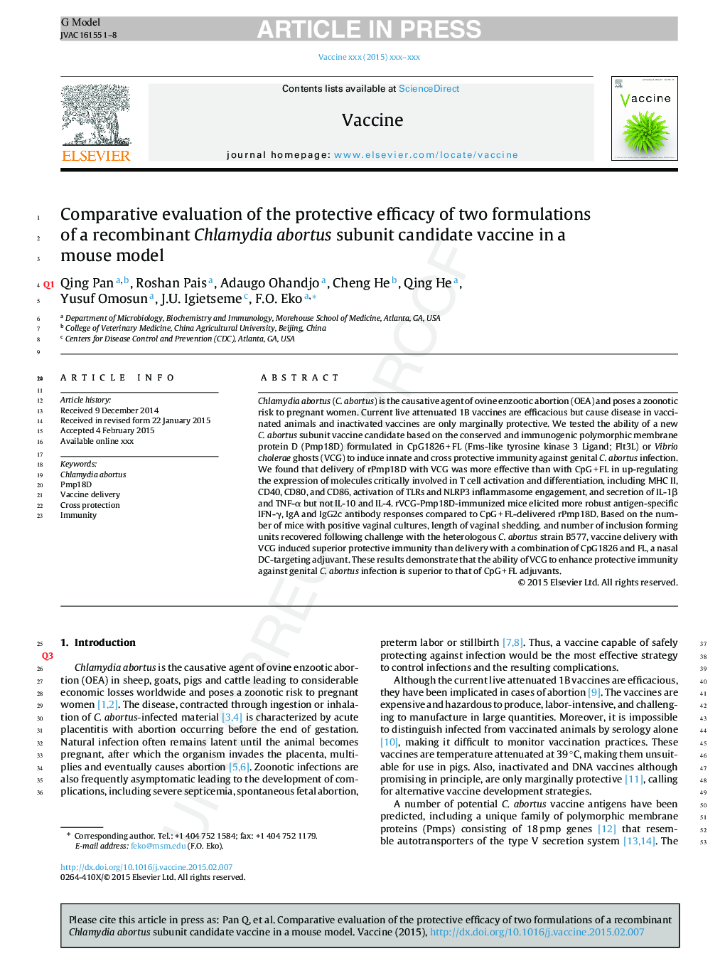 Comparative evaluation of the protective efficacy of two formulations of a recombinant Chlamydia abortus subunit candidate vaccine in a mouse model