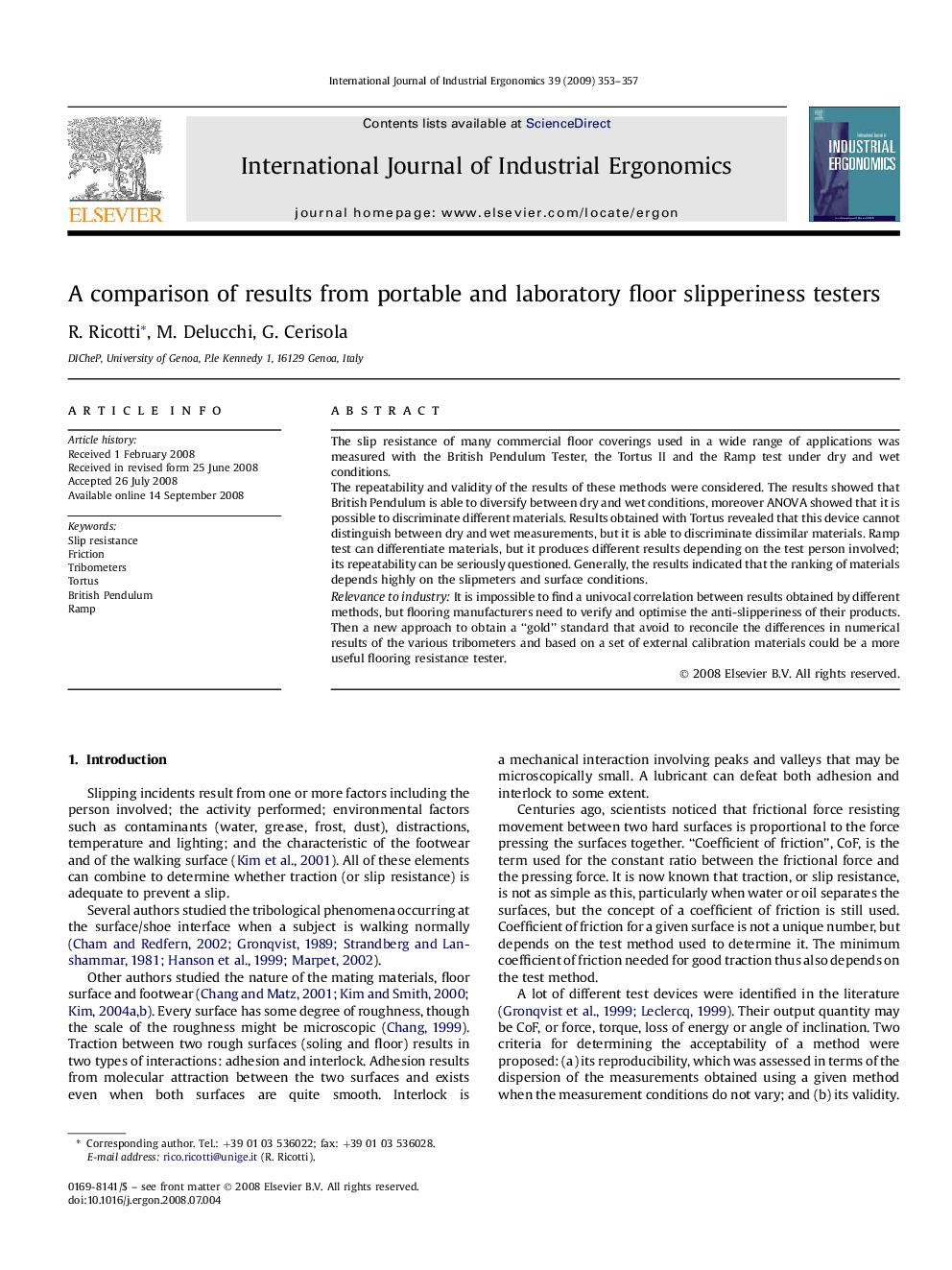 A comparison of results from portable and laboratory floor slipperiness testers