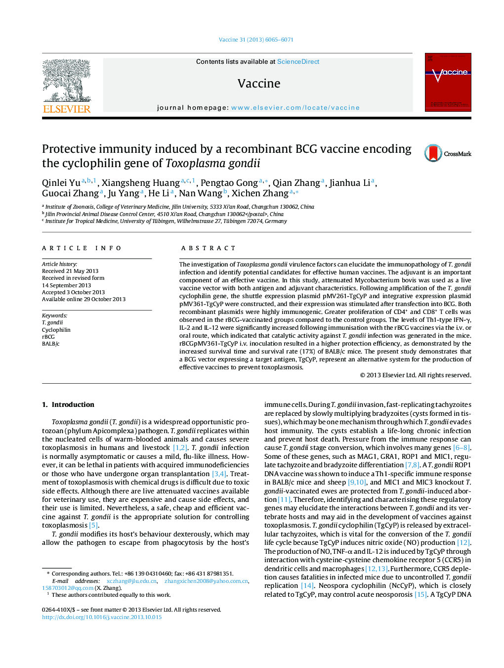 Protective immunity induced by a recombinant BCG vaccine encoding the cyclophilin gene of Toxoplasma gondii