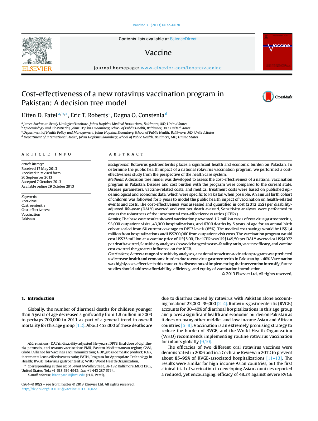 Cost-effectiveness of a new rotavirus vaccination program in Pakistan: A decision tree model