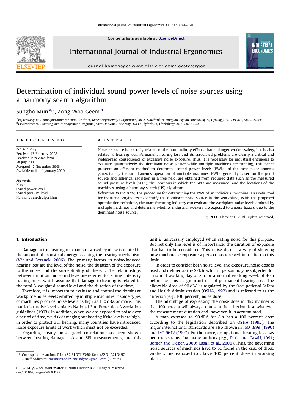 Determination of individual sound power levels of noise sources using a harmony search algorithm