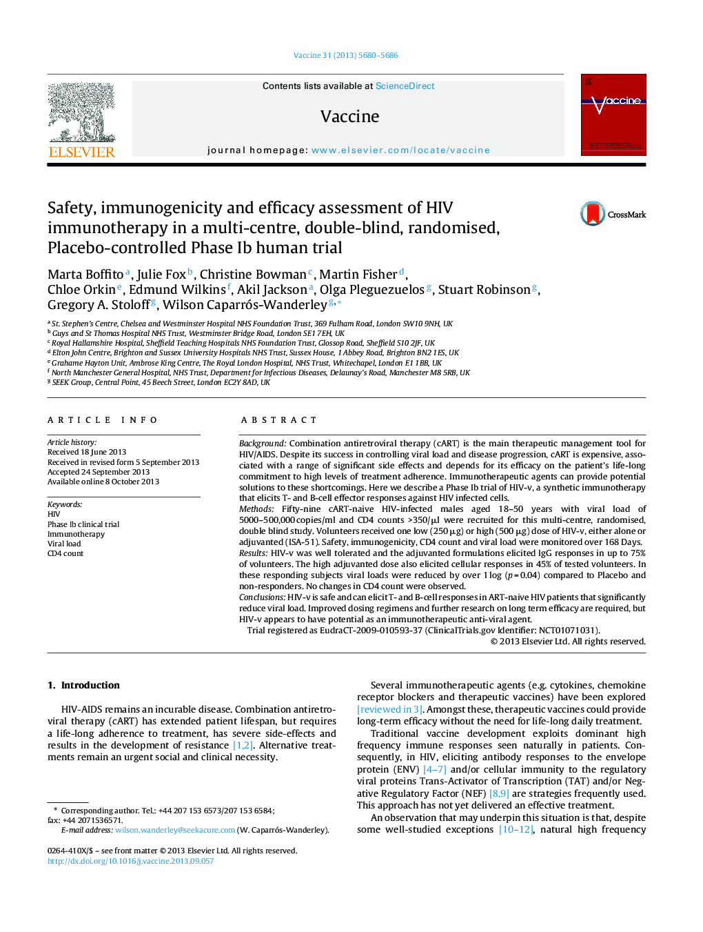 Safety, immunogenicity and efficacy assessment of HIV immunotherapy in a multi-centre, double-blind, randomised, Placebo-controlled Phase Ib human trial