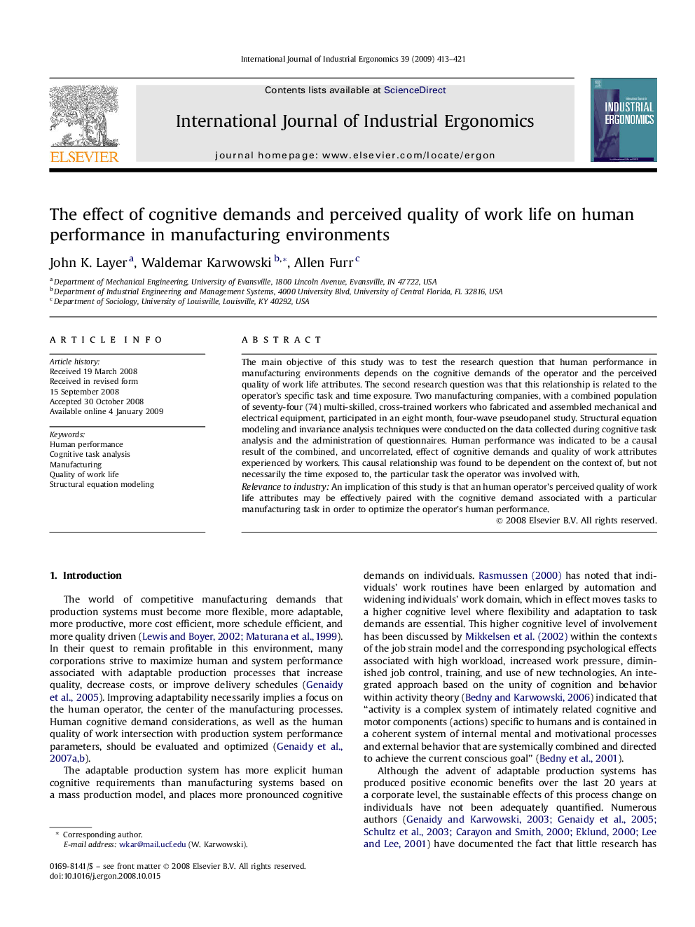 The effect of cognitive demands and perceived quality of work life on human performance in manufacturing environments