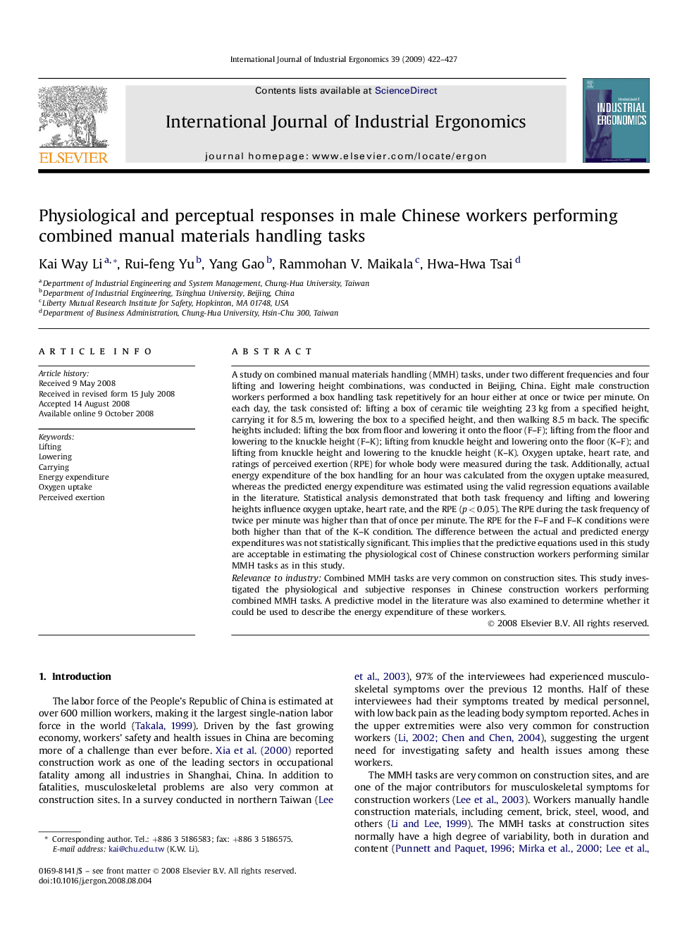 Physiological and perceptual responses in male Chinese workers performing combined manual materials handling tasks