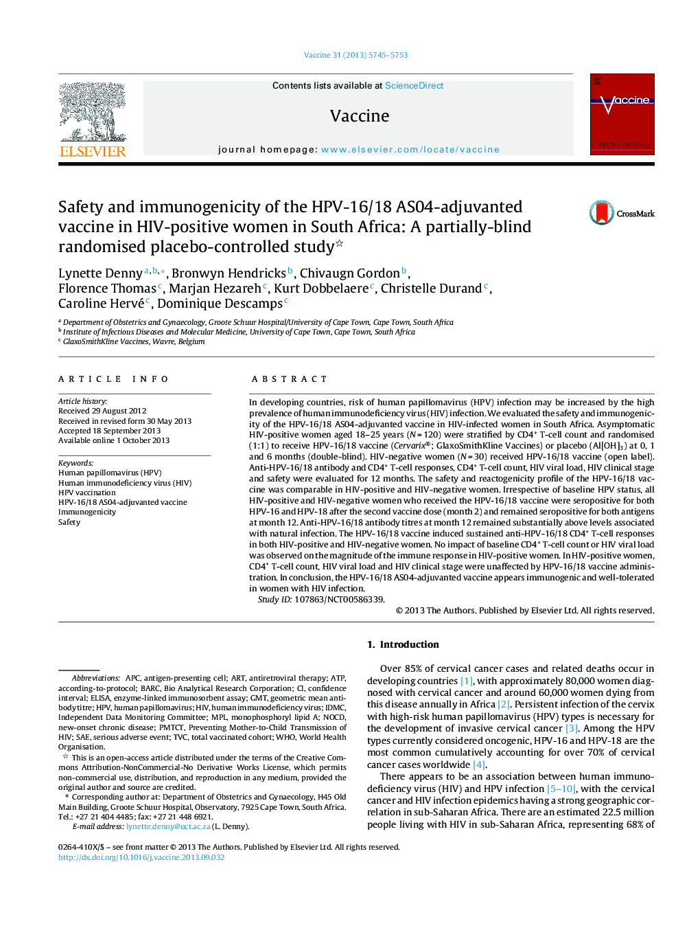 Safety and immunogenicity of the HPV-16/18 AS04-adjuvanted vaccine in HIV-positive women in South Africa: A partially-blind randomised placebo-controlled study