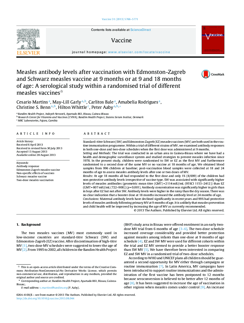 Measles antibody levels after vaccination with Edmonston-Zagreb and Schwarz measles vaccine at 9 months or at 9 and 18 months of age: A serological study within a randomised trial of different measles vaccines