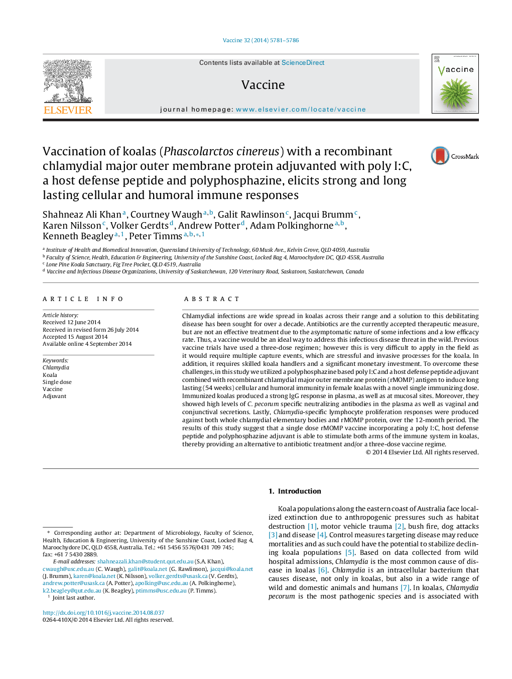 Vaccination of koalas (Phascolarctos cinereus) with a recombinant chlamydial major outer membrane protein adjuvanted with poly I:C, a host defense peptide and polyphosphazine, elicits strong and long lasting cellular and humoral immune responses