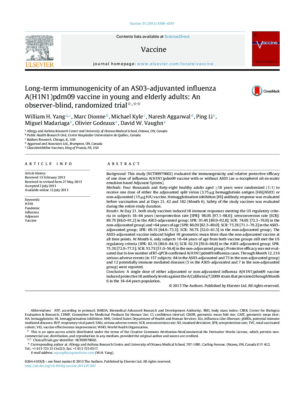 Long-term immunogenicity of an AS03-adjuvanted influenza A(H1N1)pdm09 vaccine in young and elderly adults: An observer-blind, randomized trial