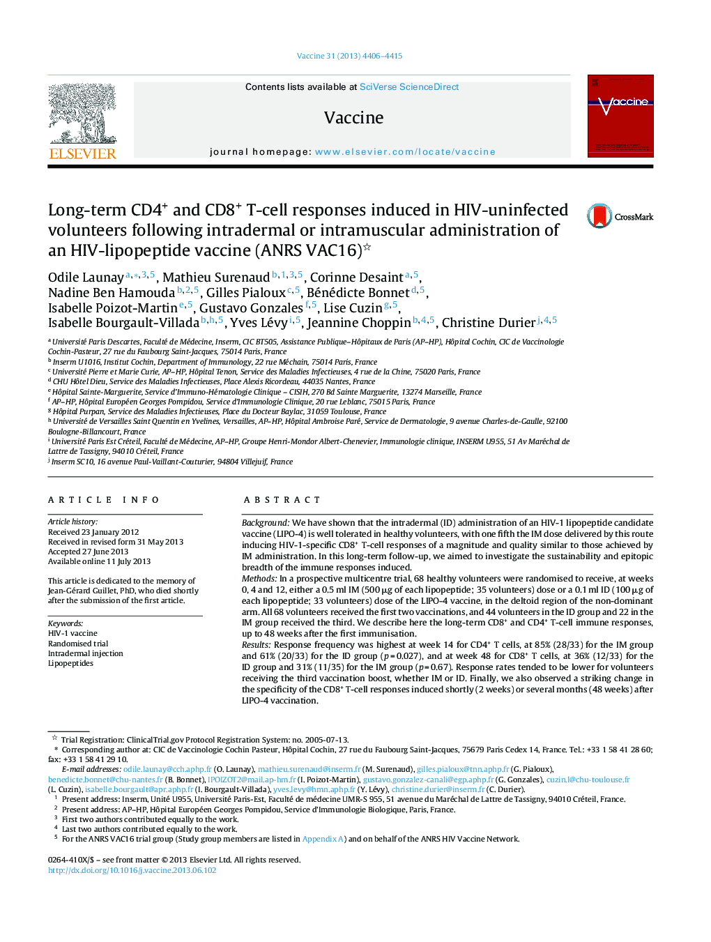 Long-term CD4+ and CD8+ T-cell responses induced in HIV-uninfected volunteers following intradermal or intramuscular administration of an HIV-lipopeptide vaccine (ANRS VAC16)
