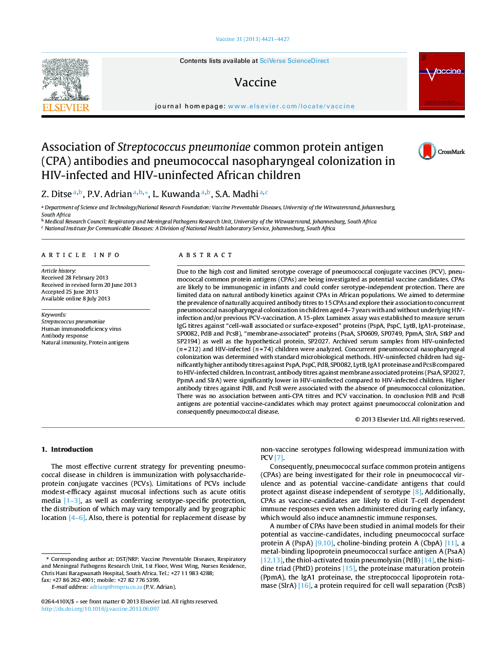 Association of Streptococcus pneumoniae common protein antigen (CPA) antibodies and pneumococcal nasopharyngeal colonization in HIV-infected and HIV-uninfected African children
