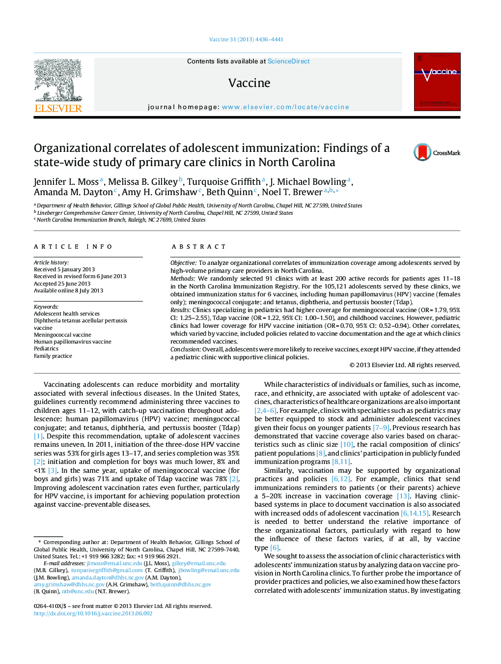 Organizational correlates of adolescent immunization: Findings of a state-wide study of primary care clinics in North Carolina