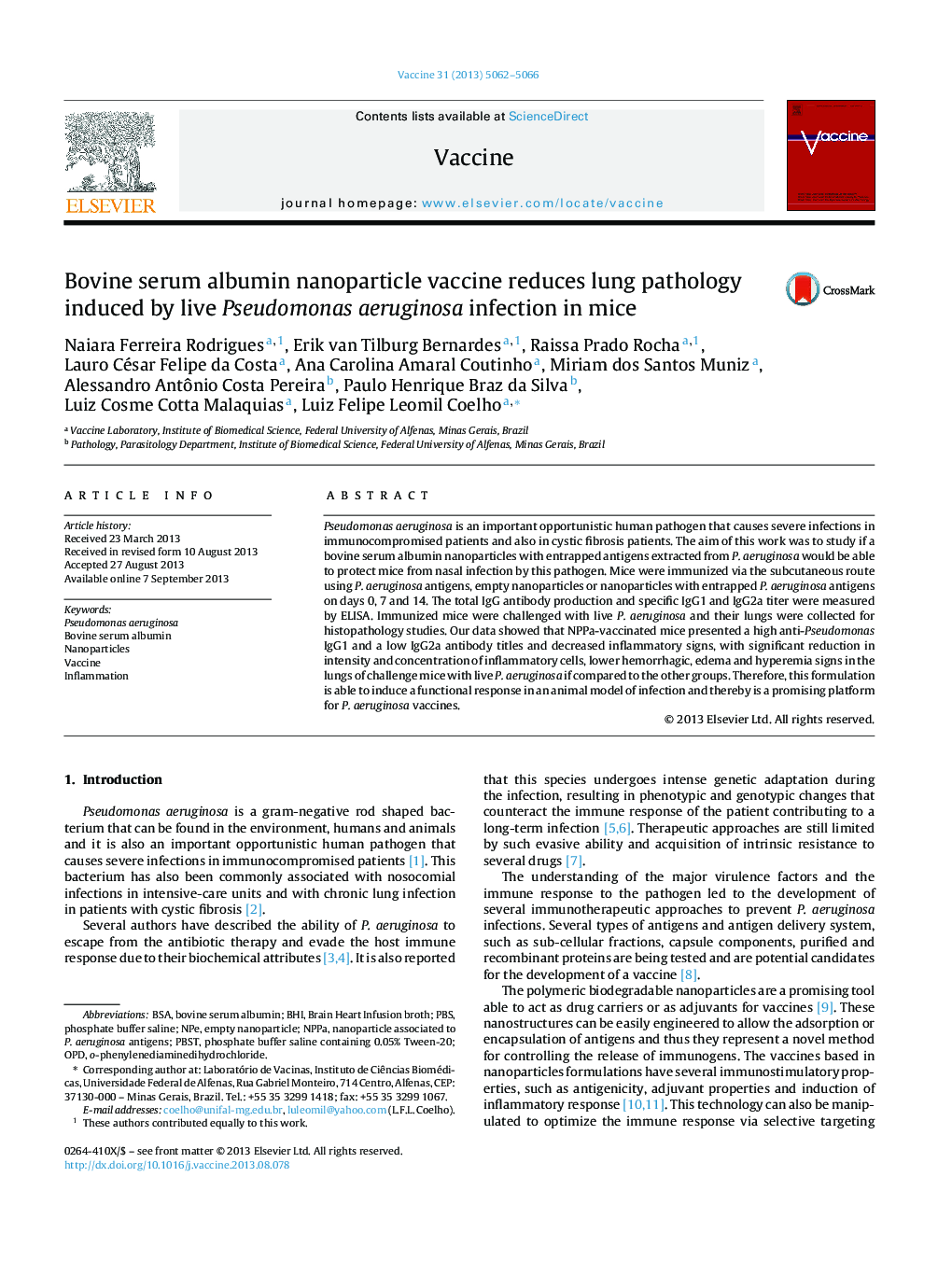 Bovine serum albumin nanoparticle vaccine reduces lung pathology induced by live Pseudomonas aeruginosa infection in mice