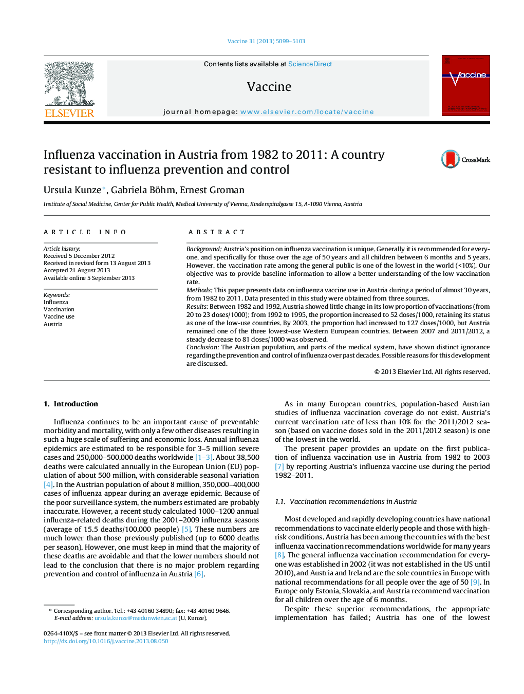 Influenza vaccination in Austria from 1982 to 2011: A country resistant to influenza prevention and control