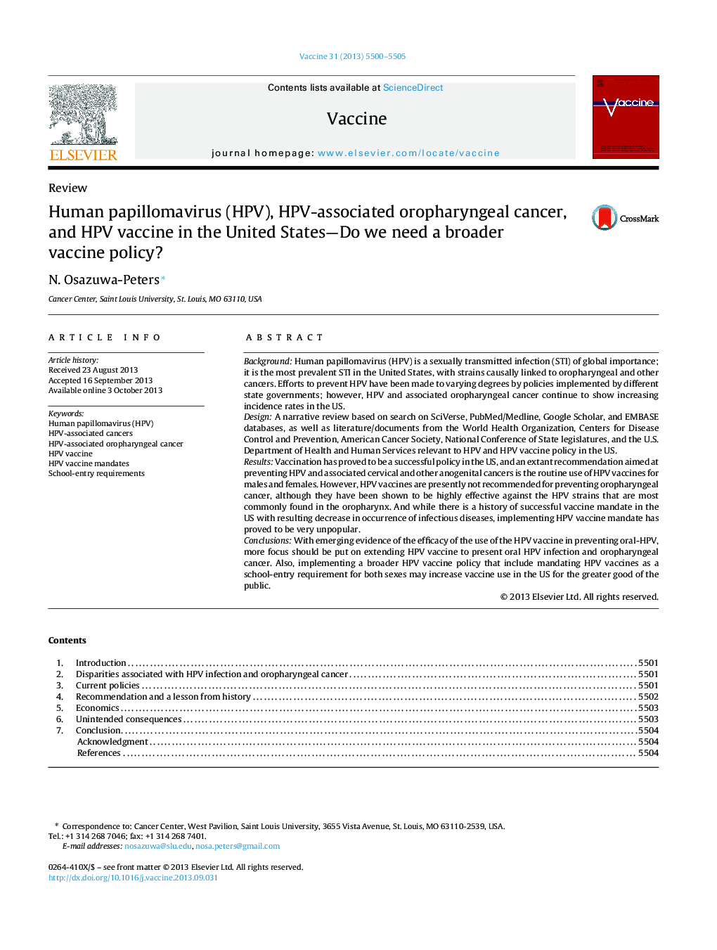 Human papillomavirus (HPV), HPV-associated oropharyngeal cancer, and HPV vaccine in the United States-Do we need a broader vaccine policy?