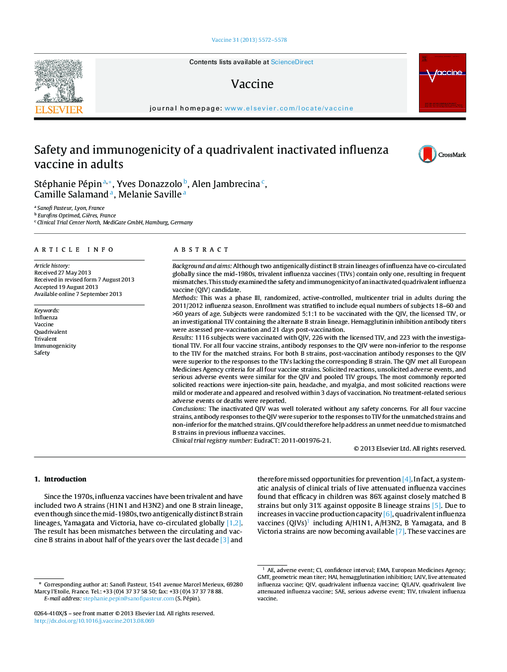 Safety and immunogenicity of a quadrivalent inactivated influenza vaccine in adults