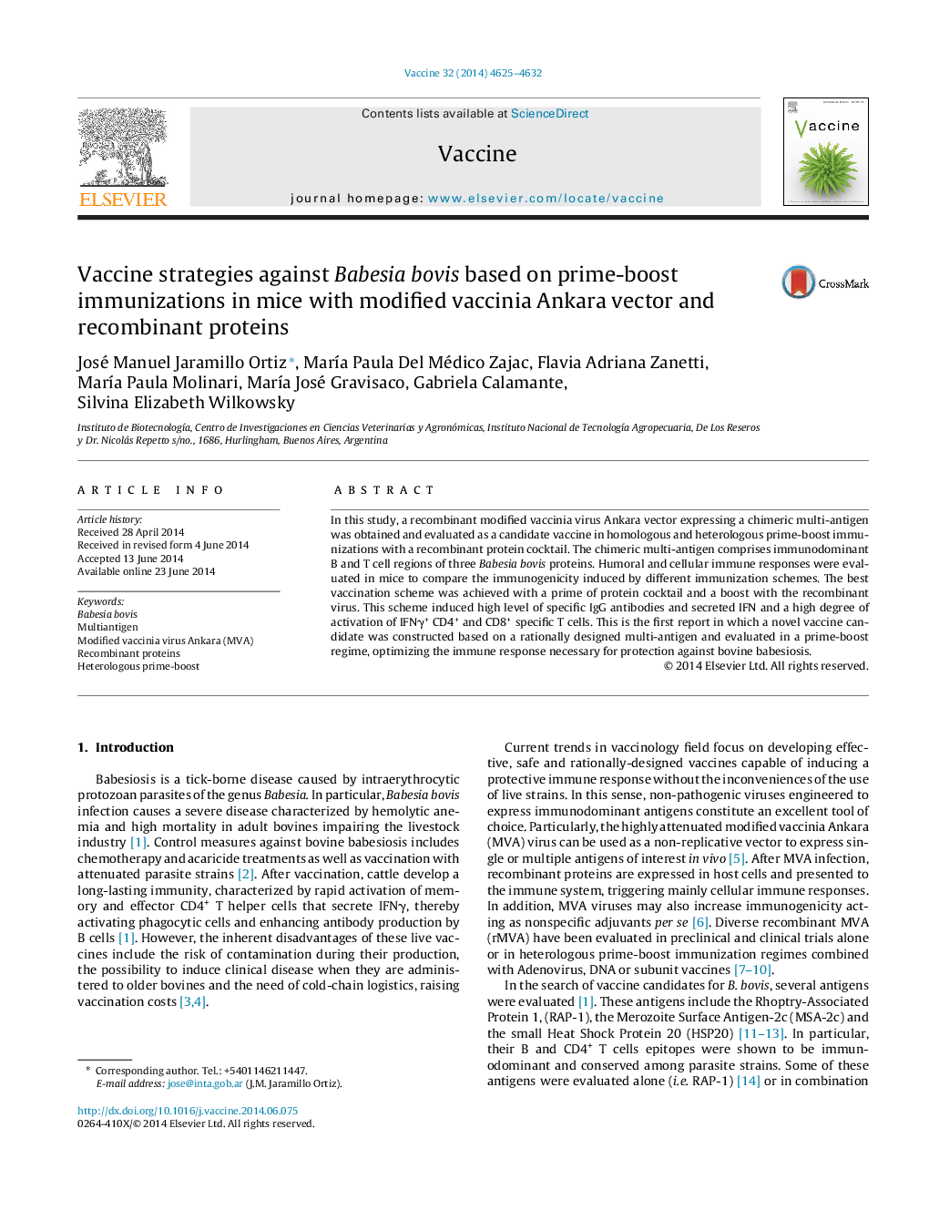 Vaccine strategies against Babesia bovis based on prime-boost immunizations in mice with modified vaccinia Ankara vector and recombinant proteins