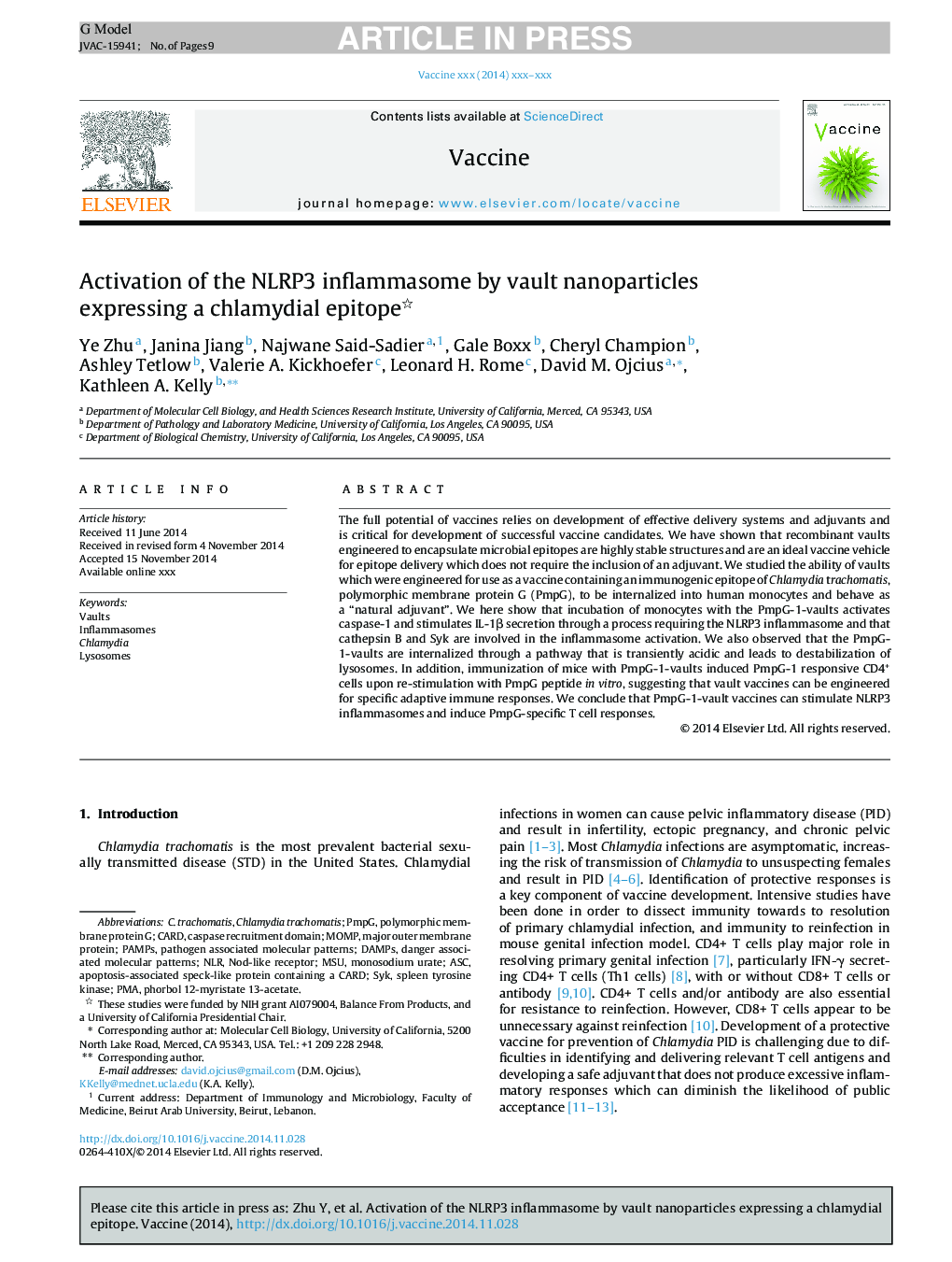 Activation of the NLRP3 inflammasome by vault nanoparticles expressing a chlamydial epitope