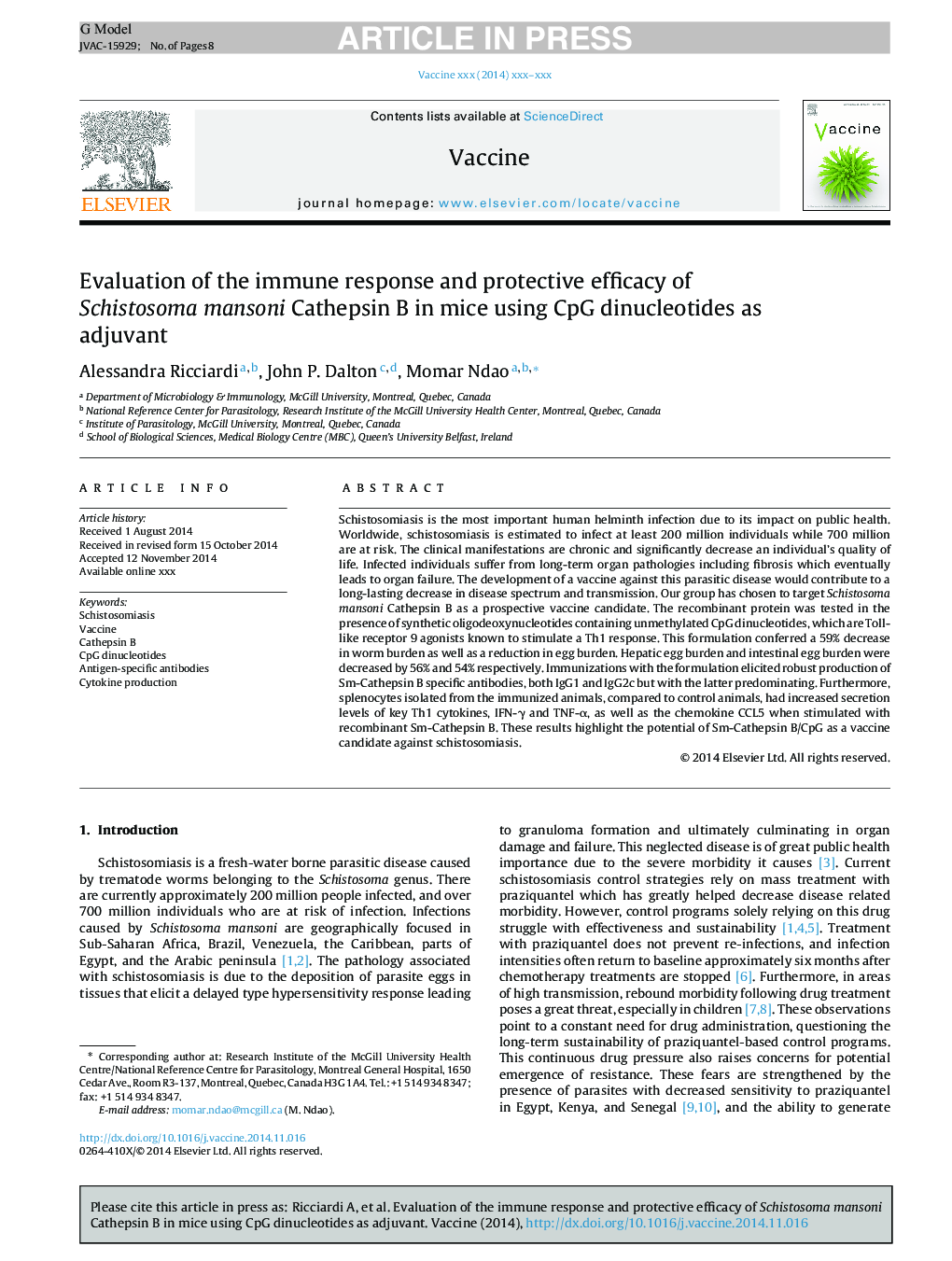 Evaluation of the immune response and protective efficacy of Schistosoma mansoni Cathepsin B in mice using CpG dinucleotides as adjuvant