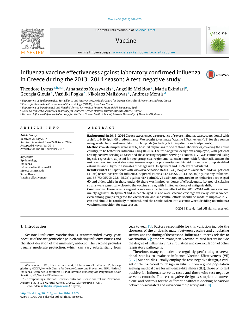 Influenza vaccine effectiveness against laboratory confirmed influenza in Greece during the 2013-2014 season: A test-negative study