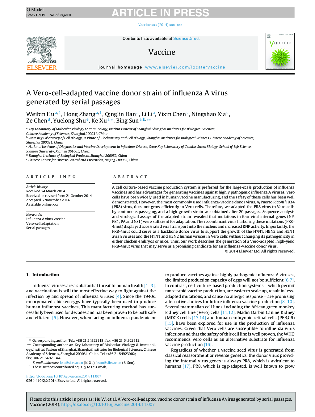 A Vero-cell-adapted vaccine donor strain of influenza A virus generated by serial passages