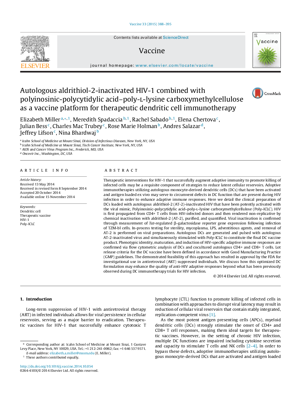 Autologous aldrithiol-2-inactivated HIV-1 combined with polyinosinic-polycytidylic acid-poly-l-lysine carboxymethylcellulose as a vaccine platform for therapeutic dendritic cell immunotherapy