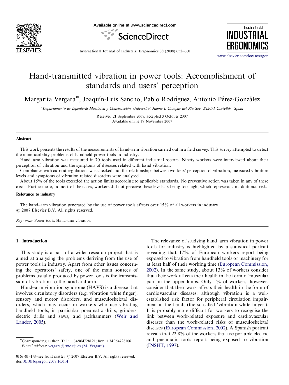 Hand-transmitted vibration in power tools: Accomplishment of standards and users’ perception