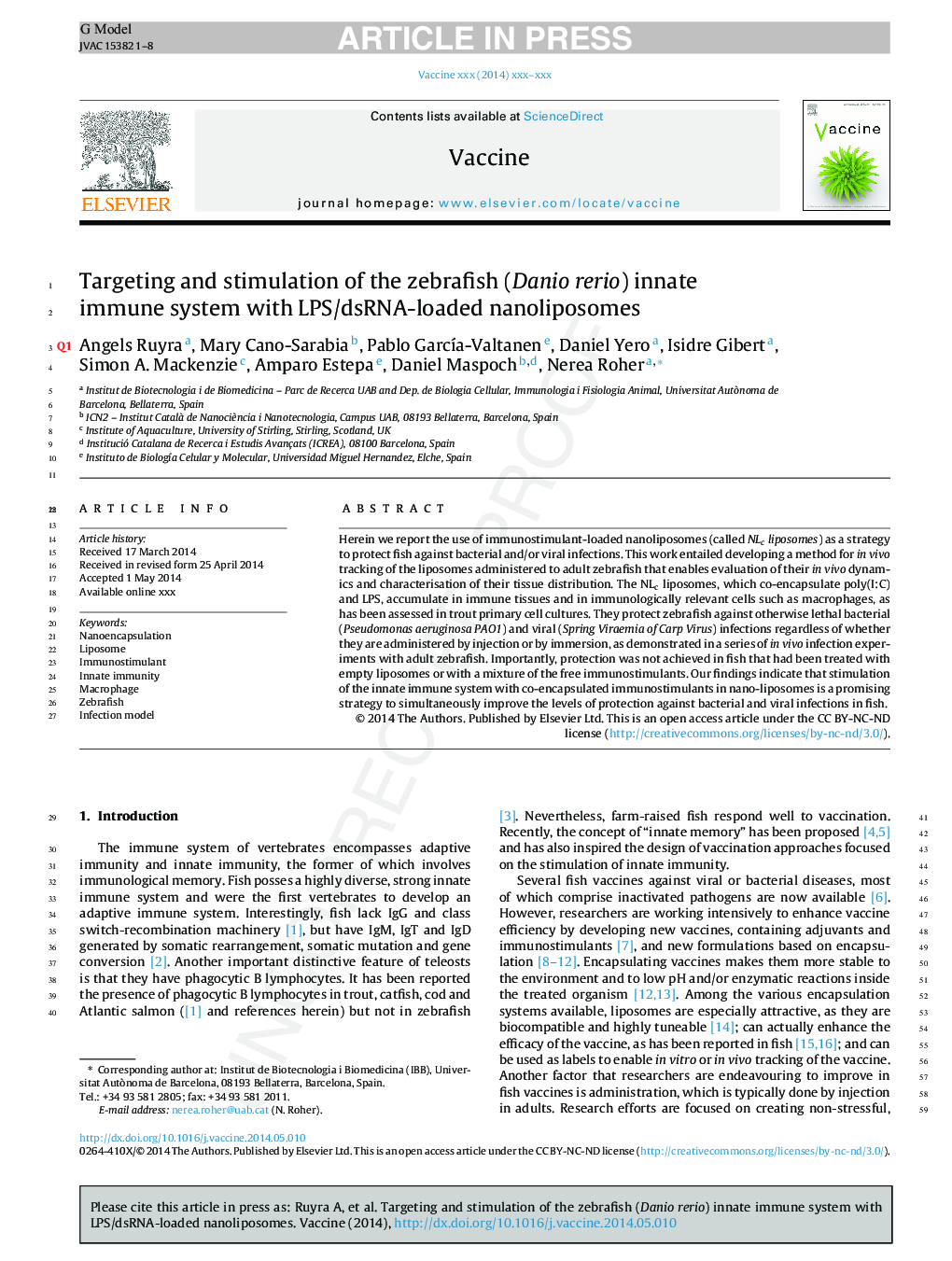 Targeting and stimulation of the zebrafish (Danio rerio) innate immune system with LPS/dsRNA-loaded nanoliposomes