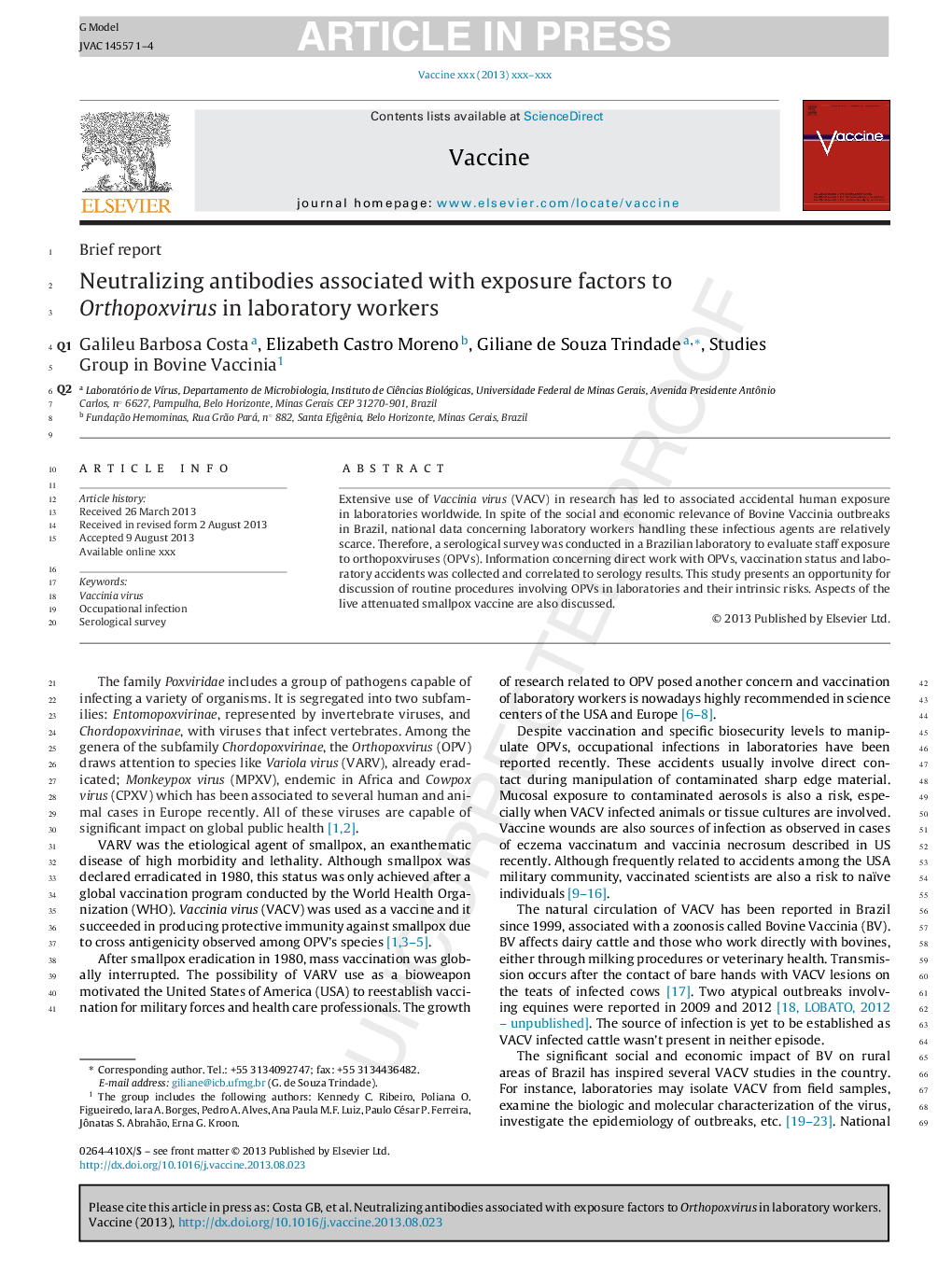 Neutralizing antibodies associated with exposure factors to Orthopoxvirus in laboratory workers