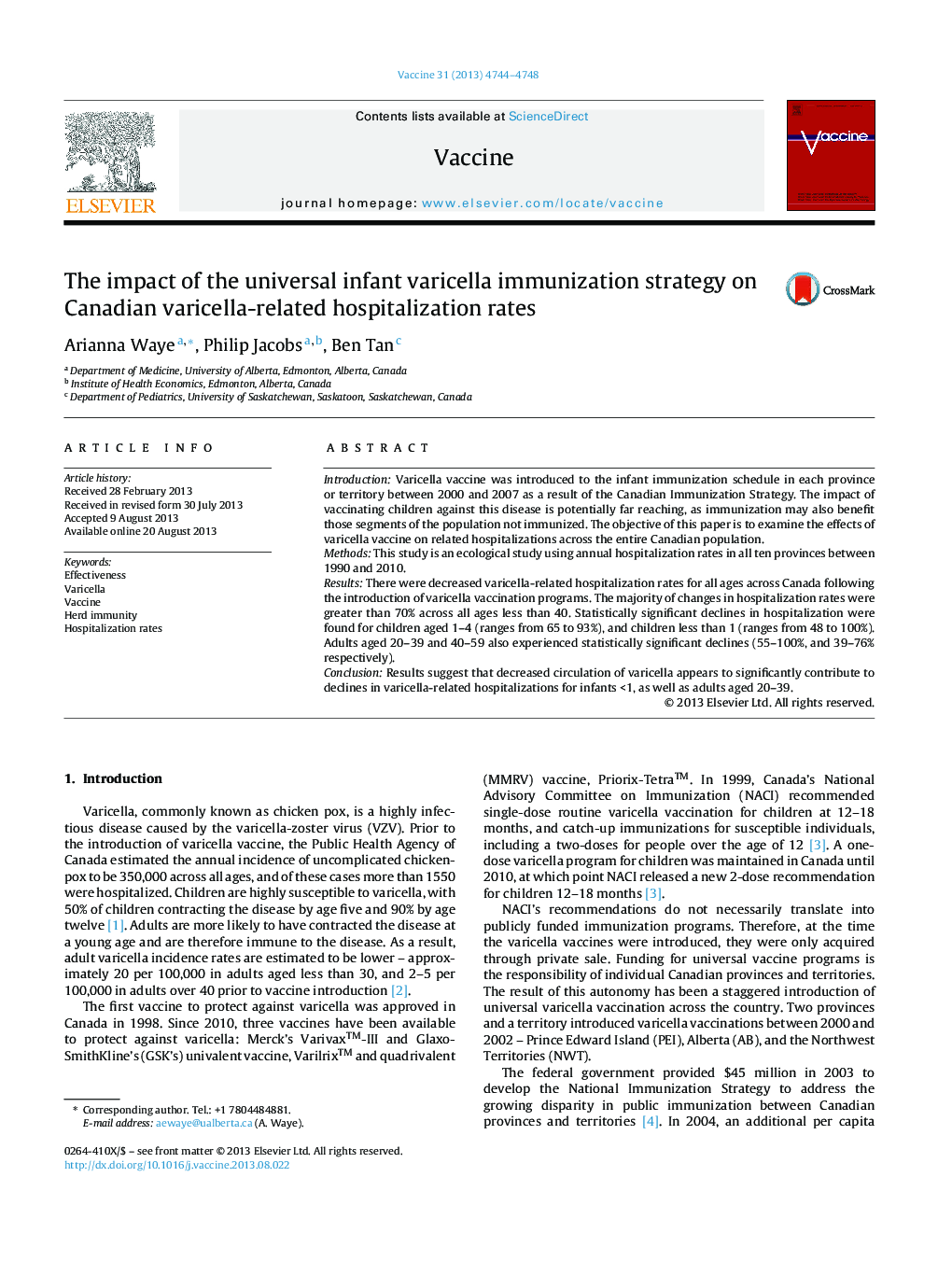 The impact of the universal infant varicella immunization strategy on Canadian varicella-related hospitalization rates