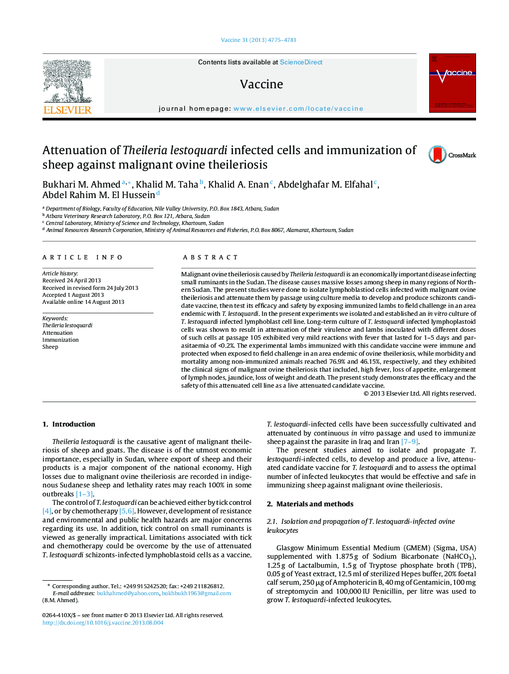 Attenuation of Theileria lestoquardi infected cells and immunization of sheep against malignant ovine theileriosis