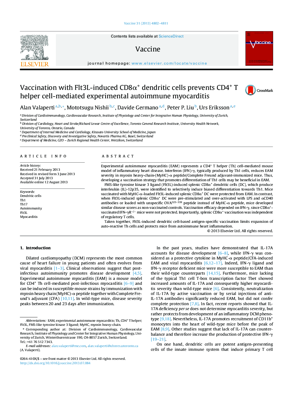 Vaccination with Flt3L-induced CD8Î±+ dendritic cells prevents CD4+ T helper cell-mediated experimental autoimmune myocarditis